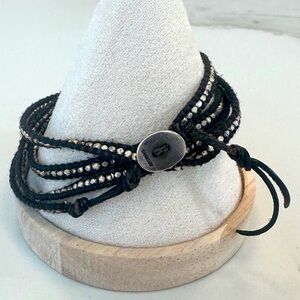 Chan Luu Black Leather Long Wrap Bracelet w/ Antique Silver Oval Button Closure